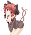 1girl alternate_costume animal_ears bent_over black_dress blush bow braid breasts cat_ears cat_tail cleavage collarbone downblouse dress extra_ears hair_bow heart kaenbyou_rin looking_at_viewer multiple_tails naked_sweater natsu_no_koucha no_bra red_eyes redhead simple_background solo sweater tail touhou twin_braids white_background 