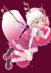  1girl ascot blonde_hair fang finger_to_mouth flandre_scarlet full_body hat hat_ribbon heart highres karotii looking_at_viewer mary_janes mob_cap open_mouth puffy_sleeves red_eyes ribbon shirt shoes short_hair short_sleeves side_ponytail skirt skirt_set smile socks solo touhou vest white_legwear wings 