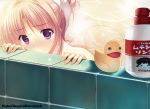  1girl ass bathing bathtub blonde_hair embarrassed kaho_okashii nude original partially_submerged rubber_duck shy tiles violet_eyes water wet 