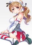  1girl bare_shoulders blush breasts brown_eyes brown_hair detached_collar headgear henet_hene kantai_collection large_breasts littorio_(kantai_collection) looking_at_viewer open_mouth ponytail shirt sitting skirt solo striped striped_legwear thigh-highs wariza zettai_ryouiki 