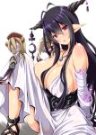  1girl antenna_hair bandages bare_shoulders black_hair breasts danua granblue_fantasy horns huge_breasts kimura_neito long_hair looking_at_viewer pointy_ears red_eyes simple_background solo white_background 