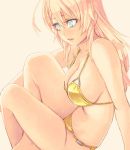  1girl and aqua_eyes bags_under_eyes bikini blonde_hair breasts cleavage collarbone lipstick long_hair makeup mustard_seeds navel original side-tie_bikini sideboob sitting solo swimsuit yellow_bikini 