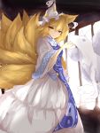  1girl absurdres animal_ears blonde_hair dress expressionless fox_ears fox_tail half-closed_eyes hat hat_with_ears highres huang_li_ling inari indoors light_particles long_sleeves looking_at_viewer multiple_tails short_hair sketch solo tabard tail tassel touhou white_dress yakumo_ran yellow_eyes yin_yang 