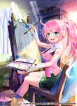  1girl 2015 absurdres aqua_eyes artist_name chair easel flower headphones highres looking_at_viewer open_mouth paintbrush pink_hair ponytail shoonear sitting solo solo_focus vocaloid 