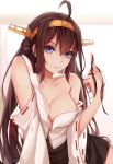  1girl ahoge blue_eyes breasts brown_hair cleavage hairband highres japanese_clothes kantai_collection kongou_(kantai_collection) long_hair nian nontraditional_miko smile 