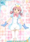  1girl alternate_hairstyle animal_costume animal_hood bow capelet hair_bobbles hair_ornament hood jumpsuit kaname_madoka low_twintails mahou_shoujo_madoka_magica mittens official_art penguin_costume pink_eyes pink_hair short_hair short_twintails smile solo thigh-highs trading_card twintails white_legwear 