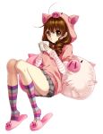  1girl brown_eyes brown_hair cup dalzzam hoodie kneehighs miniskirt original pig_hood pleated_skirt sitting skirt slippers solo striped striped_legwear stuffed_animal stuffed_pig stuffed_toy 