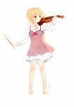  1girl absurdres barefoot blonde_hair bow_(instrument) dress farend_ikyo highres instrument miyazono_kawori pink_dress ponytail see-through shigatsu_wa_kimi_no_uso signature violin yellow_eyes 