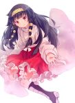1girl alluka_zoldyck anthiea bangs black_hair blunt_bangs boots closed_mouth hairband hunter_x_hunter japanese_clothes long_hair looking_at_viewer outstretched_arm red_eyes smile solo