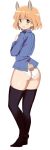  1girl :o amelie_planchard animal_ears ass bangs black_legwear blush bunny_tail from_behind full_body glastonbury1966 green_eyes hair_between_eyes highres looking_back open_mouth orange_hair panties rabbit_ears short_hair simple_background solo standing strike_witches tail thigh-highs underwear white_background white_panties 