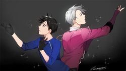  2boys artist_name back-to-back black_background black_gloves black_hair blue_eyes blue_shirt brown_eyes commentary_request expressionless gearous gloves gradient gradient_background grey_background grey_hair hand_on_own_chest italian_commentary katsuki_yuuri long_sleeves looking_away male_focus multiple_boys profile shirt short_hair simple_background sparkle upper_body viktor_nikiforov yuri!!!_on_ice 