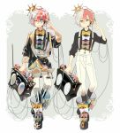  1boy black_nails boombox boots bowtie crown facial_mark flat_color fukase green_eyes hand_on_headphones headphones headset male_focus maple_(cyakapon) mini_crown multicolored_hair nail_polish solo star suspenders vocaloid 