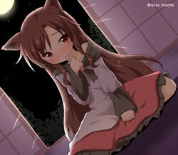  1girl animal_ears blush brown_hair dress fang frilled_dress frills full_moon imaizumi_kagerou long_hair moon natsu_no_koucha off_shoulder red_eyes sitting sweat tears touhou twitter_username wolf_ears 