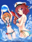  2girls ball beachball bikini fingerless_gloves gloves highres hoshizora_rin love_live!_school_idol_project multiple_girls nishikino_maki okutomi_fumi orange_hair redhead revision sailor_collar short_hair swimsuit violet_eyes water_gun yellow_eyes 