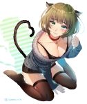  1girl animal_ears bell bell_collar blue_eyes blush breasts brown_hair cat_ears cat_tail cleavage collar green_eyes heterochromia idolmaster idolmaster_cinderella_girls ikezaki_misa looking_at_viewer mole short_hair sitting solo sweater tail takagaki_kaede thigh-highs wariza 