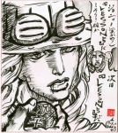  absurdres ashiya_kouhei ball blood blood_from_mouth blood_on_face cowboy_hat crosshatching face facial_hair goggles_on_hat gyro_zeppeli hat highres holding_ball johnny_joestar jojo_no_kimyou_na_bouken monochrome photo signature steel_ball_run traditional_media translation_request 