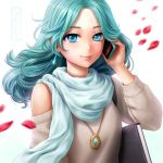  1girl aqua_hair bangs bishoujo_senshi_sailor_moon blue_eyes book cellphone closed_mouth earrings jewelry kaiou_michiru kotikomori long_hair looking_at_viewer parted_bangs pendant petals phone scarf smile solo 