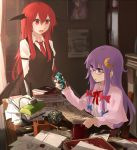  2girls bespectacled book_stack bookshelf capelet chair coat crescent_hair_ornament cube demon_girl demon_wings desk dress glasses hair_ornament head_wings hinami047 juliet_sleeves koakuma lamp long_hair long_sleeves minecraft multiple_girls necktie open_clothes open_coat open_mouth painting_(object) paper patchouli_knowledge pen puffy_sleeves purple_hair red_eyes redhead rock shirt sitting skirt skirt_set smile striped striped_dress touhou very_long_hair vest violet_eyes wings 
