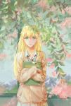  1girl blonde_hair blue_eyes book kinishi leaf long_hair looking_at_viewer miyazono_kawori shigatsu_wa_kimi_no_uso 