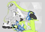  1girl belt boots bucket domino_mask glasses green_eyes green_hair inkling leather_jacket looking_at_viewer mask paint pointy_ears shorts sitting solo splatoon tentacle_hair water_gun yoneyama_mai 