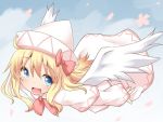  1girl angel_wings blonde_hair blue_eyes dress flying hat lily_white natsu_no_koucha petals pink_dress solo touhou wings 