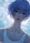  1girl air_bubble ayanami_rei blue_hair highres liasailor looking_at_viewer neon_genesis_evangelion red_eyes red_lips short_hair solo underwater 