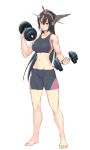  1girl and barefoot bike_shorts black_hair breasts full_body groin headgear highres kantai_collection large_breasts long_hair looking_at_viewer nagato_(kantai_collection) navel red_eyes simple_background smile solo sports_bra toned weightlifting weights white_background 