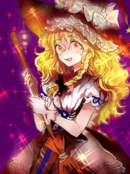  1girl blonde_hair bow braid broom hat hat_bow kirisame_marisa long_hair looking_at_viewer open_mouth puffy_short_sleeves puffy_sleeves rosette_(roze-ko) shirt short_sleeves single_braid skirt smile solo sparkle touhou vest witch_hat yellow_eyes 