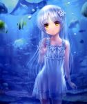  1girl absurdres against_glass angel_beats! coral dress fish goto_p hair_ornament highres long_hair parted_lips pisces see-through silver_hair solo stingray sundress tachibana_kanade underwater yellow_eyes 