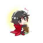  1girl black_hair boots cape chocolate_chip_cookie cookie food food_on_face highres ruby_rose rwby short_hair 