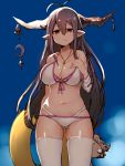  1girl absurdres ahoge antenna_hair arm_behind_back ass_visible_through_thighs bandaged_arm bandages bangs bare_shoulders bikini blue_sky breasts cleavage collarbone cowboy_shot crescent danua doll front-tie_bikini front-tie_top granblue_fantasy hair_between_eyes hand_on_own_chest hansel_(granblue_fantasy) highres horn_ornament horns innertube jewelry katsudansou large_breasts light_frown long_hair navel necklace o_o pointy_ears purple_hair red_eyes side-tie_bikini sky solo swimsuit thigh-highs very_long_hair white_bikini white_legwear white_swimsuit 