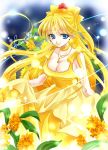  1girl aino_minako bishoujo_senshi_sailor_moon blonde_hair blue_eyes bow choker collarbone cowboy_shot dress facial_mark flower forehead_mark hair_bow hair_flower hair_ornament jewelry long_hair necklace princess_venus shirataki_kaiseki signature smile solo venus_symbol yellow_bow yellow_dress 