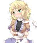  1girl arm_warmers blonde_hair blush breasts green_eyes mizuhashi_parsee natsu_no_koucha pointy_ears scarf short_hair short_sleeves simple_background solo touhou white_background 