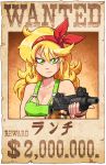  1girl blonde_hair breasts character_name cleavage dragon_ball fingerless_gloves gloves green_eyes gun hairband imi_uzi lunch_(dragon_ball) mike_luckas poster solo submachine_gun wanted weapon 