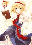  1girl alice_margatroid blonde_hair blue_dress blue_eyes blush book capelet doll dress frills grin hairband highres long_hair looking_at_viewer necktie open_book puppet_strings ribbon shanghai_doll short_hair smile solo sweetroad touhou weapon 