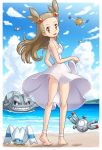  1girl ankleband ass barefoot beach blush body_blush bow brown_eyes brown_hair butt_crack clouds dress from_behind hair_bobbles hair_ornament long_hair looking_back magnemite mikan_(pokemon) ocean panties pelipper pokemoa pokemon pokemon_(creature) pokemon_(game) pokemon_hgss sandals_removed see-through shiny shiny_hair shiny_skin sky smile steelix twintails underwear water white_dress wingull 