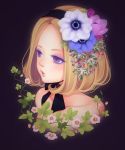  1girl anemone aoi_itou blonde_hair collarbone flower hair_flower hair_ornament hairband leaf original purple_background short_hair solo violet_eyes 