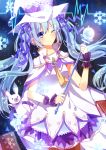  1girl absurdres blue_eyes blue_hair cape hair_ribbon hat hatsune_miku highres long_hair magical_girl rabbit ribbon skirt snowflakes twintails very_long_hair vocaloid wand wink witch_hat yuki_miku 