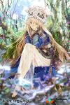  1girl akiru_(igel-flutter) barefoot blonde_hair crossed_legs feet forest hair_ornament head_on_hand headdress long_hair long_skirt looking_at_viewer nature qurare_magic_library sitting skirt traditional_clothes very_long_hair 