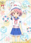  1girl alternate_costume hat jewelry kaname_madoka kyubey mahou_shoujo_madoka_magica necklace official_art pink_eyes pink_hair pipe sailor sailor_collar sailor_hat salute shirt short_hair short_twintails skirt striped striped_shirt suspenders trading_card twintails 