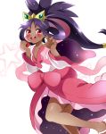  1girl absurdres crown dark_skin dress hair_rings highres holding holding_poke_ball iris_(pokemon) long_hair looking_at_viewer open_mouth pink_dress poke_ball pokemon pokemon_(game) pokemon_bw2 purple_hair red_eyes ribbon sharumon solo very_long_hair 