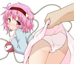  1girl ass eyeball hairband heart komeiji_satori natsu_no_koucha panties pink_eyes pink_hair short_hair simple_background solo_focus tears third_eye touhou underwear white_background 