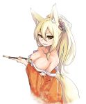  1girl animal_ears blonde_hair breast_hold breasts brown_eyes cleavage fox_ears fox_tail hair_ornament japanese_clothes kimono kiseru large_breasts long_hair looking_at_viewer off_shoulder pipe sakura_inu sidelocks smile solo tail white_background yukata 