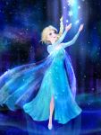  1girl arms_up blonde_hair blue_eyes braid elsa_(frozen) frozen_(disney) highres looking_up magic nou_(brain-m) reflection smile snowflakes solo standing 