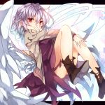  1girl boots border braid convenient_leg dress full_body hand_on_own_face kishin_sagume long_sleeves looking_at_viewer purple_dress red_eyes silver_hair single_wing solo sweetroad touhou vest wings 