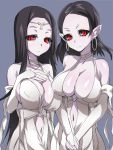  2girls bare_shoulders black_hair black_sclera breasts bridal_gauntlets brll elbow_gloves gloves huge_breasts light_smile long_hair looking_at_viewer multiple_girls navel overlord_(maruyama) pale_skin pointy_ears purple_background red_eyes simple_background very_long_hair 