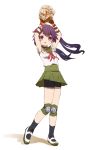  1girl arms_up bike_shorts blood ebisuzawa_kurumi fingerless_gloves gakkou_gurashi! gloves knee_pads long_hair purple_hair school_uniform shoes skull socks solo twintails uwabaki violet_eyes washu_junkyu 