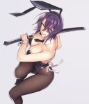  1girl and animal_ears breasts brown_legwear bunnysuit cleavage detached_collar eyepatch fake_animal_ears kantai_collection necktie pantyhose purple_hair rabbit_ears sheath sheathed short_hair smile solo sword tenryuu_(kantai_collection) tongue tongue_out weapon yellow_eyes 