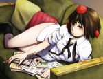  1girl black_hair black_legwear bookmark breasts collared_shirt couch hat hips legs looking_up lying notes on_side open_mouth panties pen photo_(object) pillow room sachi_(pixiv1644992) shameimaru_aya shirt shoes_removed short_hair socks solo thighs tokin_hat touhou underwear untied white_shirt yellow_eyes 