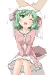  1girl animal_ears dress drying_hair green_eyes green_hair heart kasodani_kyouko long_sleeves natsu_no_koucha one_eye_closed open_mouth pink_dress pov_hands smile solo_focus tail touhou towel towel_on_head toweling_off v_arms 